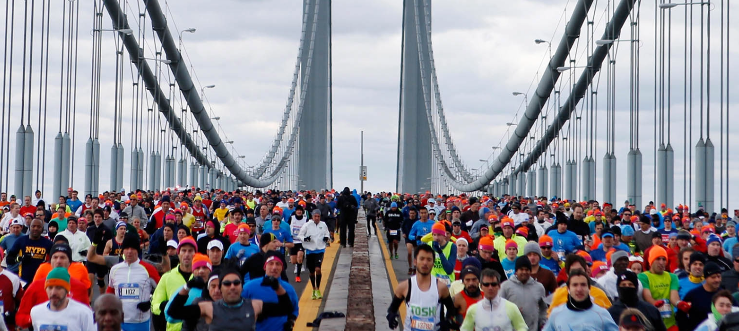 Thousands of runners cross the Verrazzano-Narrows Bridge at the start of the New York City Marathon.